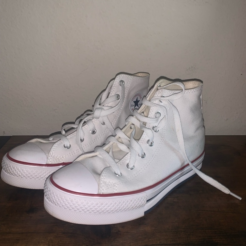 Converse White High Top Platform Sneakers with Red Trim (Size 5)